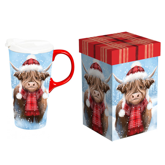 Evergreen Holiday Highland Cow Travel Cup Ceramic Perfect Cup,