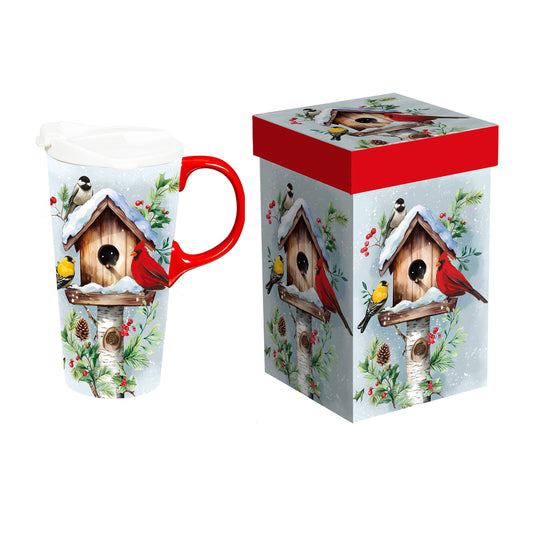 Evergreen Woodland Birdhouse Cardinal Storybook Travel Cup Ceramic