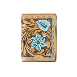3D Trifold Wallet Floral Turquoise Lacing Brown