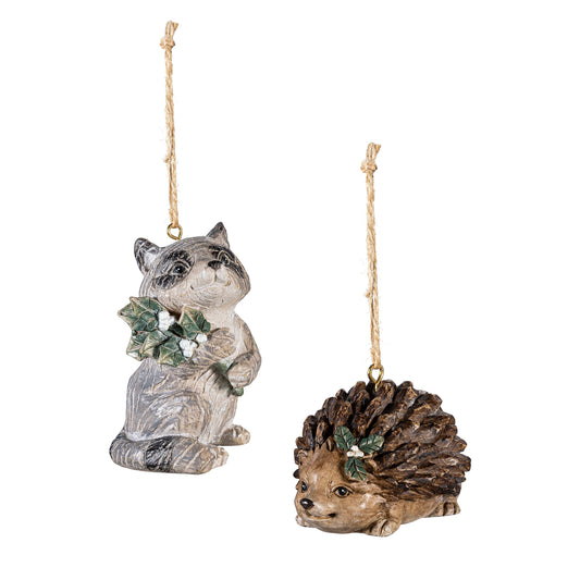 Evergreen Woodland Storybook Ornament Animal Resin Hedgehog and Raccoon