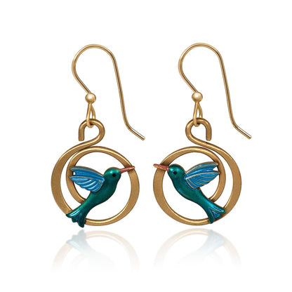 Silver Forest Earring Green Hummingbird Gold