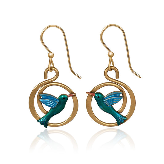 Silver Forest Earring Green Hummingbird Gold