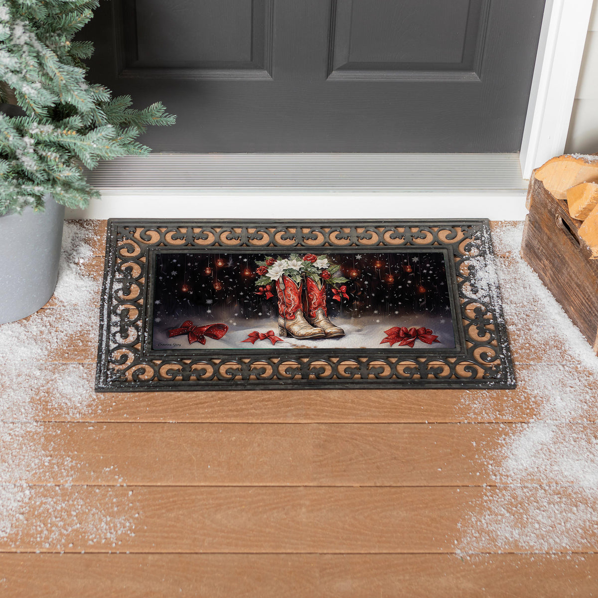Evergreen Red Christmas Cowboy Boots Sassafras Switch Mat