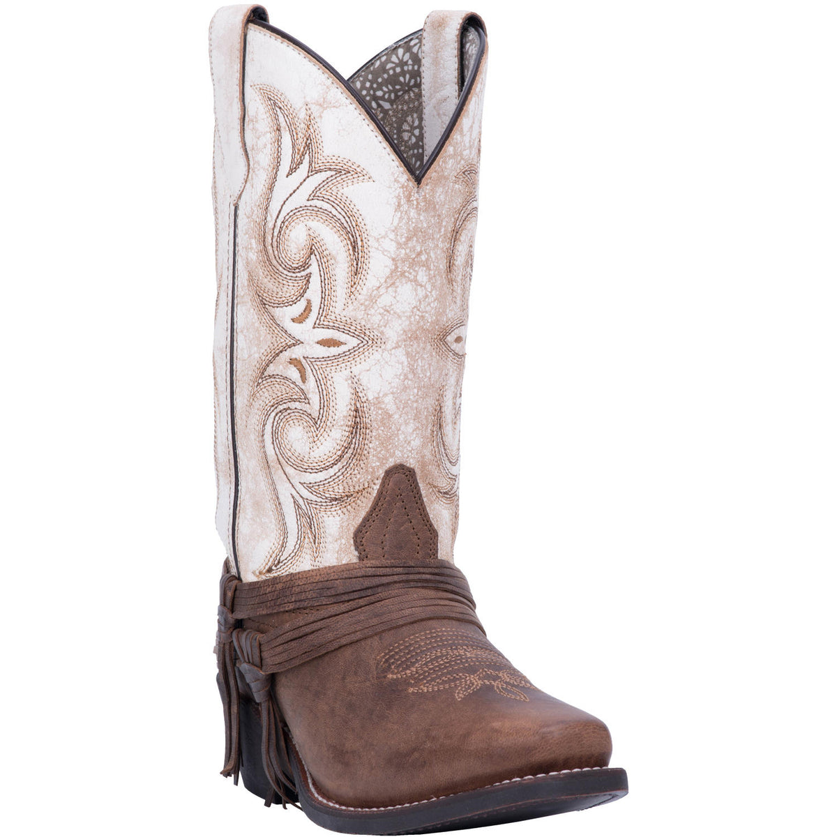 Laredo Myra White Crackle/Ankle Fringe Sq Toe