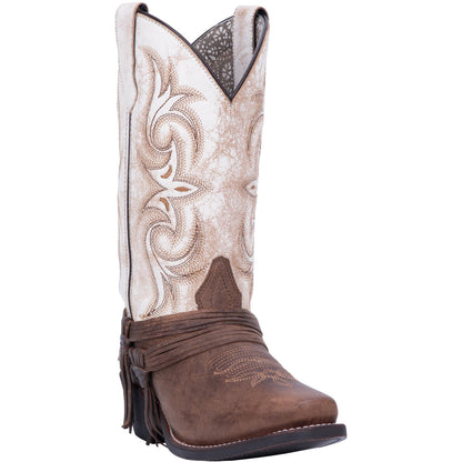 Laredo Myra White Crackle/Ankle Fringe Sq Toe
