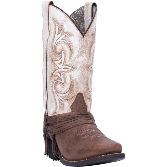 Laredo Myra White Crackle/Ankle Fringe Sq Toe