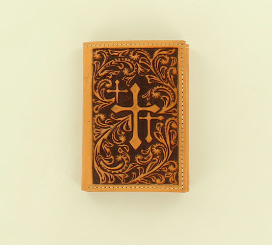Nocona Tan Embossed 3 Cross Trifold Wallet