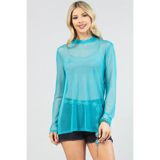 Avery Gemma Solid Semi Sheer Long Sleeve Mesh Top Turquoise