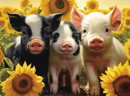 Leanin Tree Three Piglets and Sunflowers