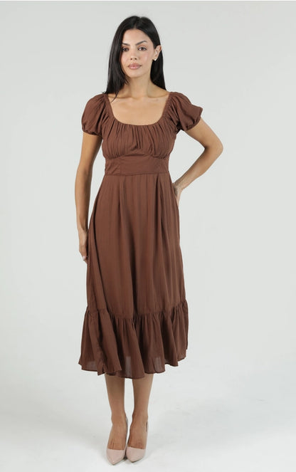 Angie Puff Sleeve Midi Dress Brown