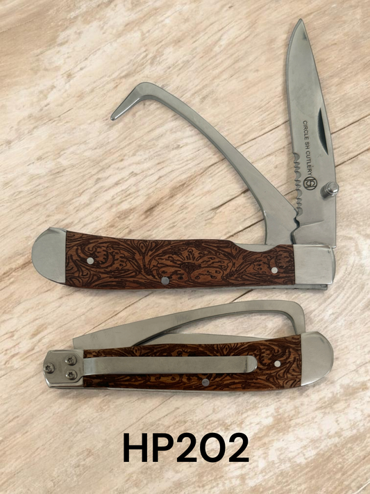 Circle SH Etched Wooden Handle Hoof Pick Knife