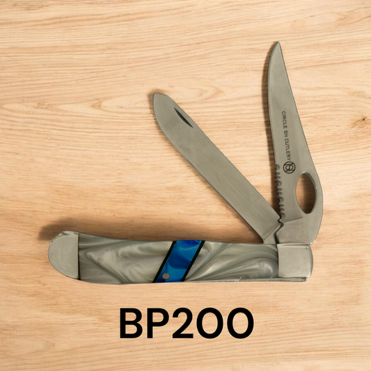Circle SH Faux Mother of Pearl & Blue Serrated 2 Blade Knife