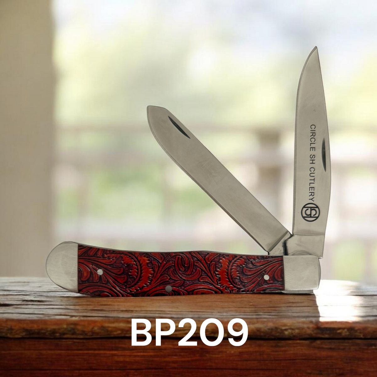 Circle SH Faux Tooled Acrylic Handle 2 Blade Knife
