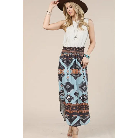 Avery Megan Geo Print Smock Waist Maxi Skirt