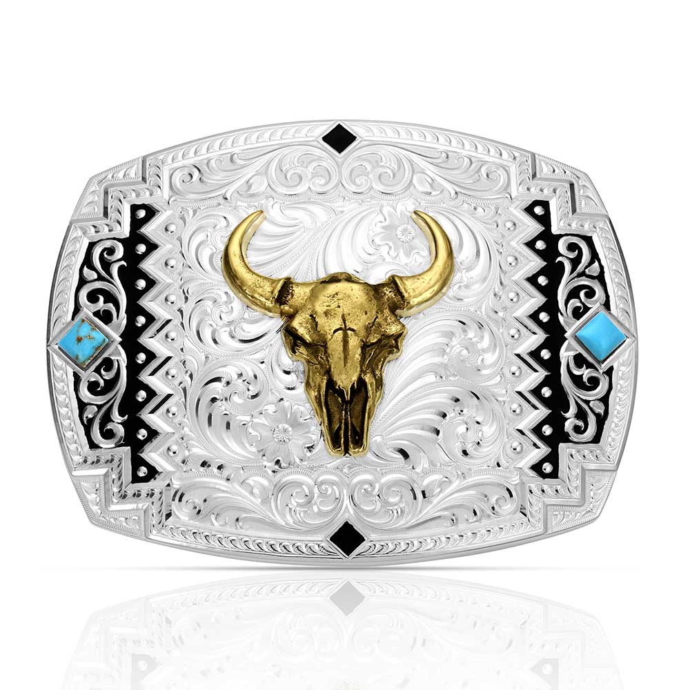 Montana Southwest Scroll Buckle with Buffalo Skull