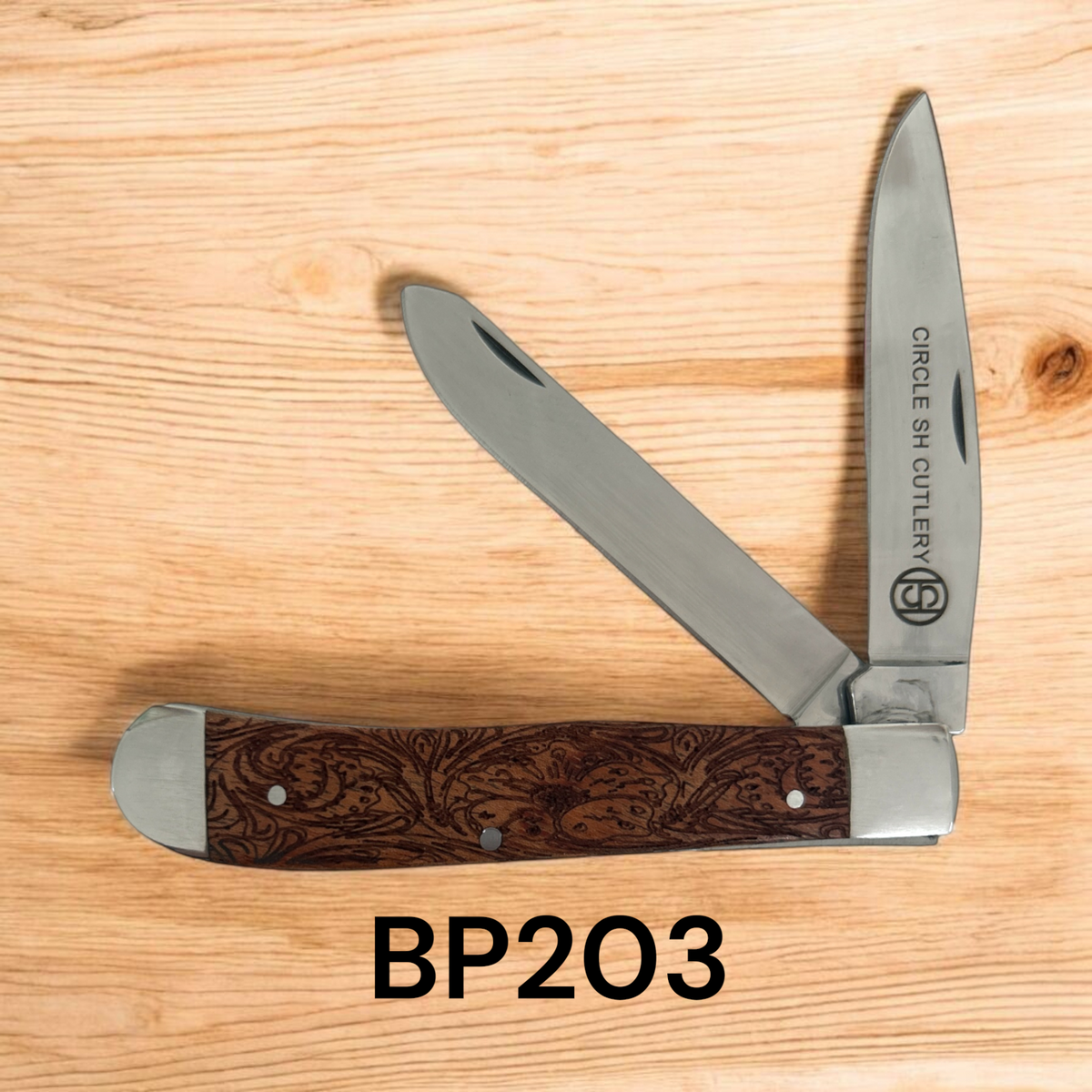 Circle SH Etched Wooden Handle 2 Blade Knife