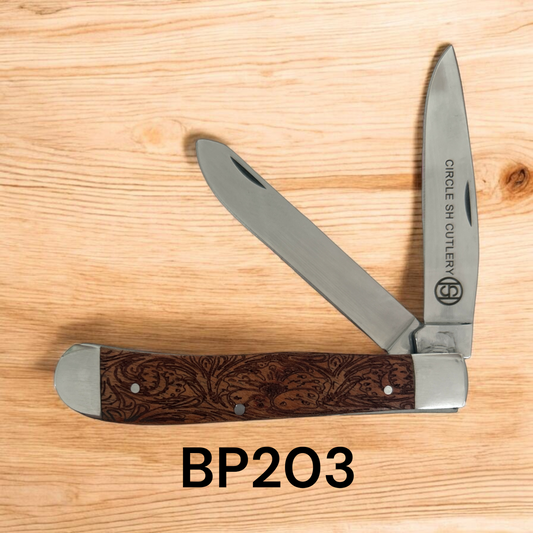 Circle SH Etched Wooden Handle 2 Blade Knife