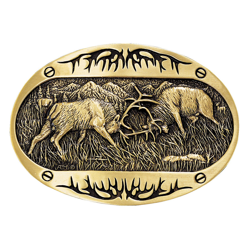 Attitude Fighting Elk Brass Heritage Buckle