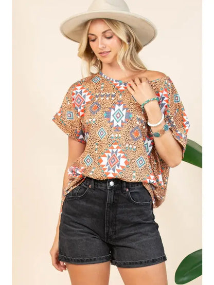Avery Remie Leopard Print Relaxed Short Sleeve Knit Top