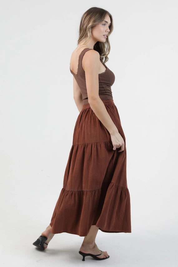 Angie Cord Corduroy Acid Wash Maxi Skirt Brown