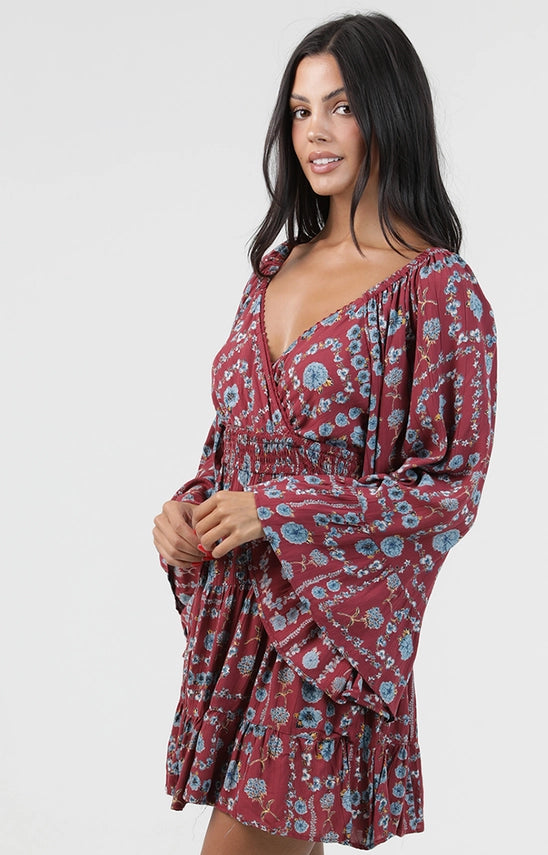 Angie Silver Lurex Bell Sleeve Dress Wine