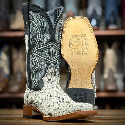 Tanner Mark Black/White Hair On Cowhide Square Toe