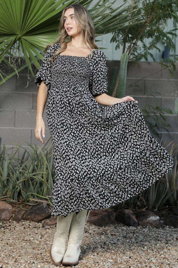 Angie Cactus Print Smocked Bodice Puff Sleeve Midi Dress Black