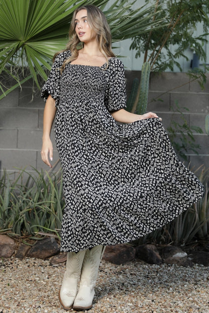 Angie Cactus Print Smocked Bodice Puff Sleeve Midi Dress Black