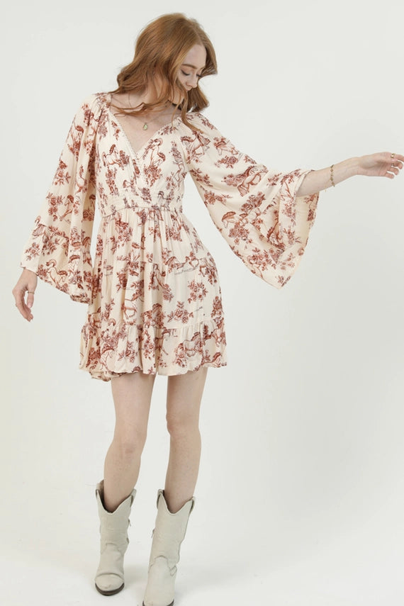 Angie Horse Floral Print V Neck Dress with Bell Sleeves Ivory