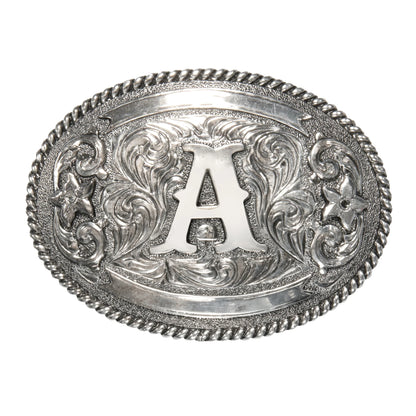 Antique Silver 'A' Initial Oval Buckle with Rope Border
