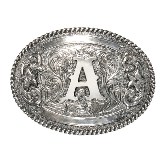 Antique Silver 'A' Initial Oval Buckle with Rope Border