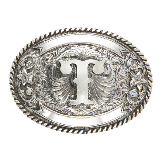 Antique Silver 'T' Initial Oval Buckle with Rope Border