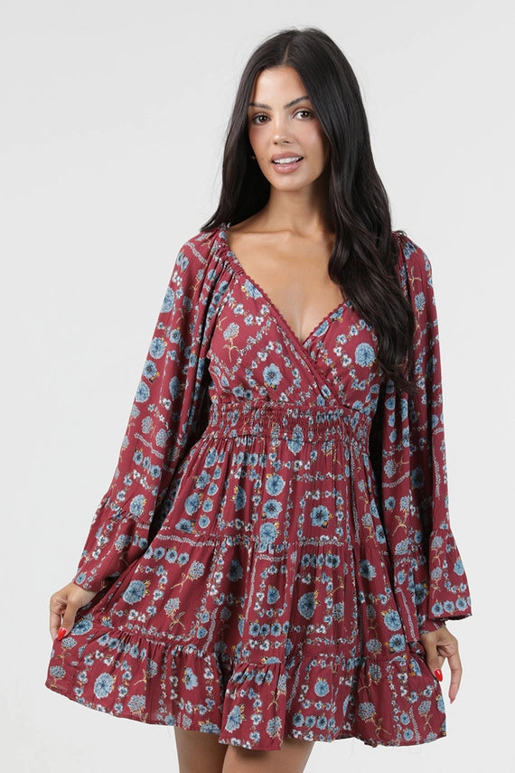 Angie Silver Lurex Bell Sleeve Dress Wine