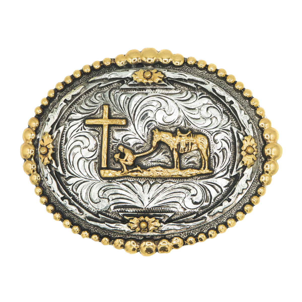 AndWest Oval Praying Cowboy with Beaded Edge Buckle