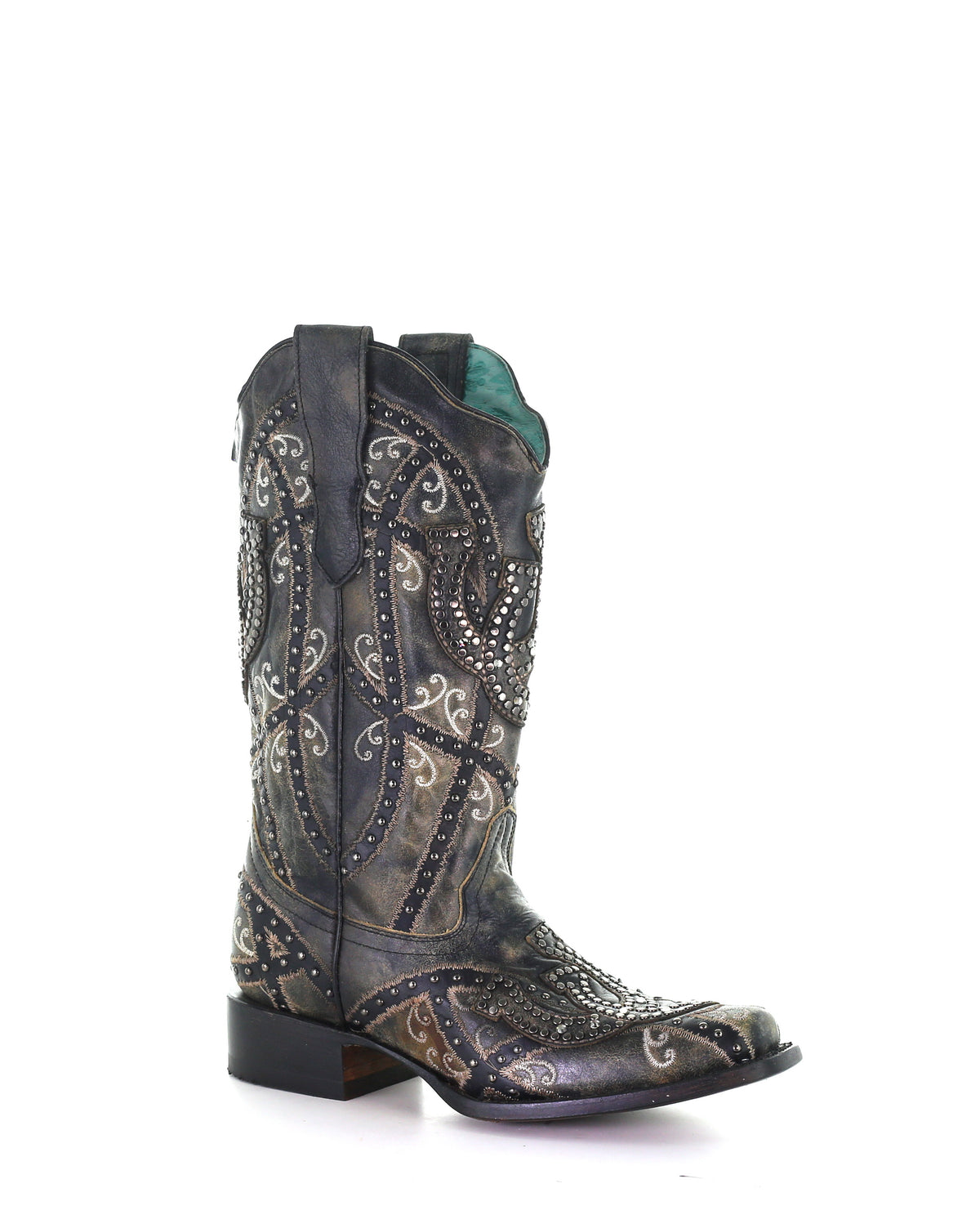 Corral Black Shoe Horses Overlay & Studs Square Toe