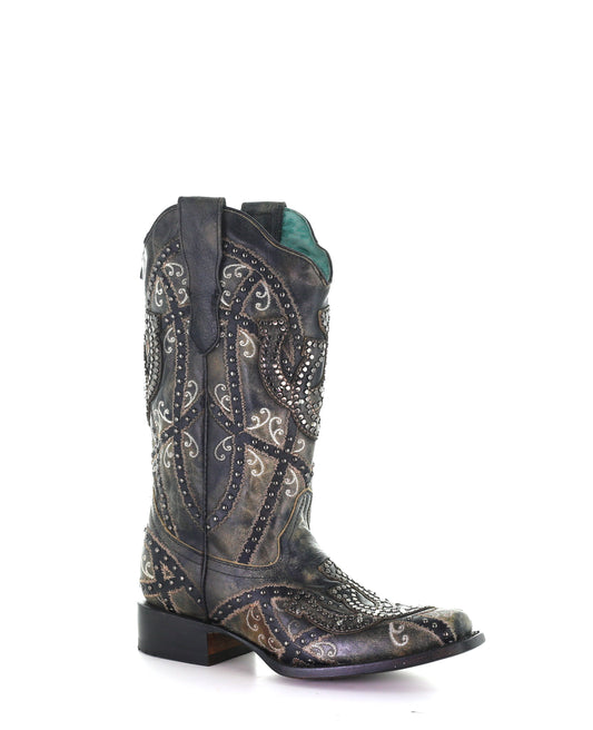 Corral Black Shoe Horses Overlay & Studs Square Toe