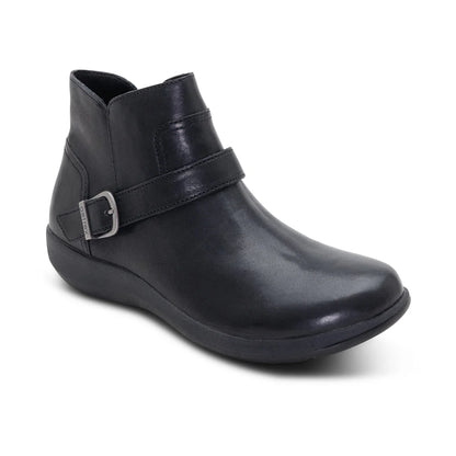 Aetrex Short Black Bootie with a Round Toe and a Black Buckle with Matte Silver hardware across the instep