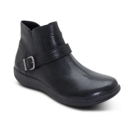 Aetrex Short Black Bootie with a Round Toe and a Black Buckle with Matte Silver hardware across the instep