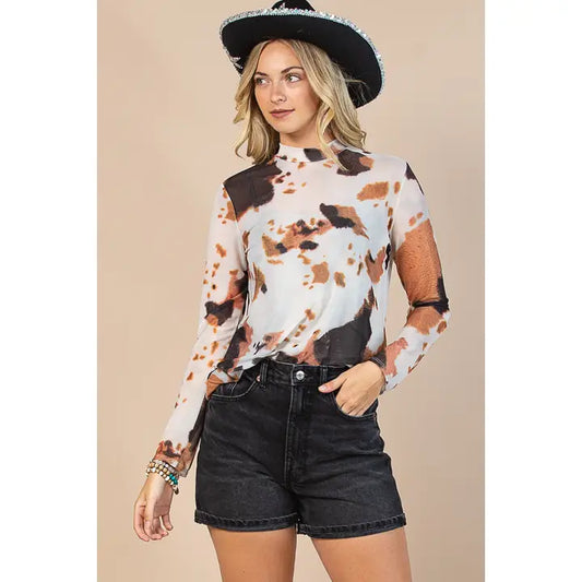 Avery Leila Cow Print Semi Sheer Mesh Shirt