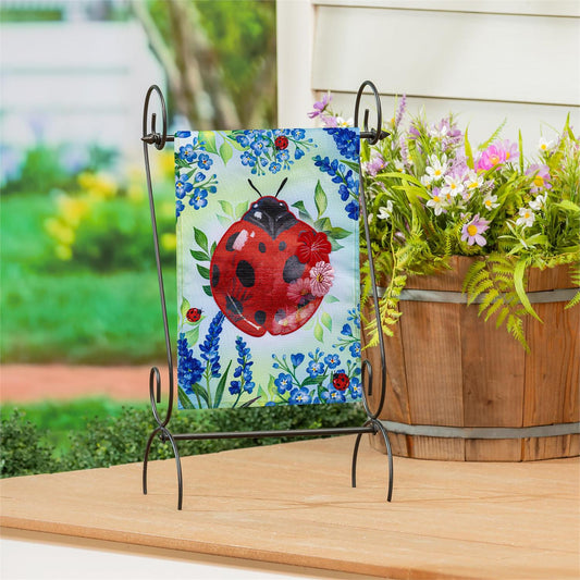 Evergreen Pollinator Garden Blue Florals Ladybug Applique Garden Flag