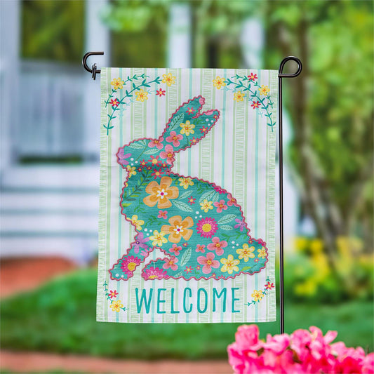 Evergreen Floral Patterned Bunny Applique Garden Flag