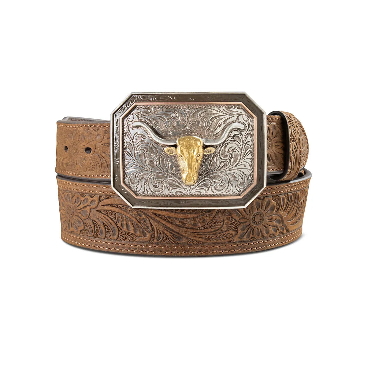 Ariat Floral Embossed Brown Steer Buckle
