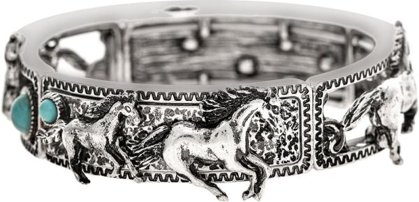 Rain Silver Oxidized Details Running Horses Southwest Turq Stretch Bracelet