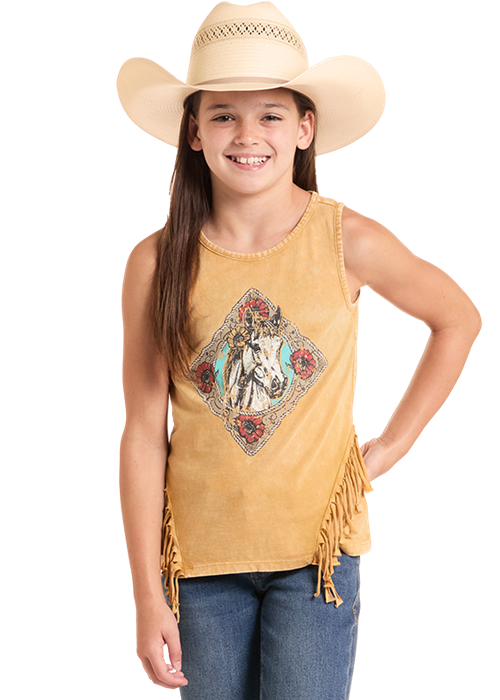 Rock & Roll Horse Graphic Fringe Tank Gold