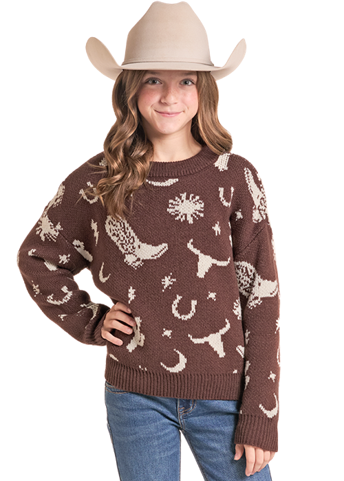 Rock & Roll Kids Western Print Sweater Chocolate