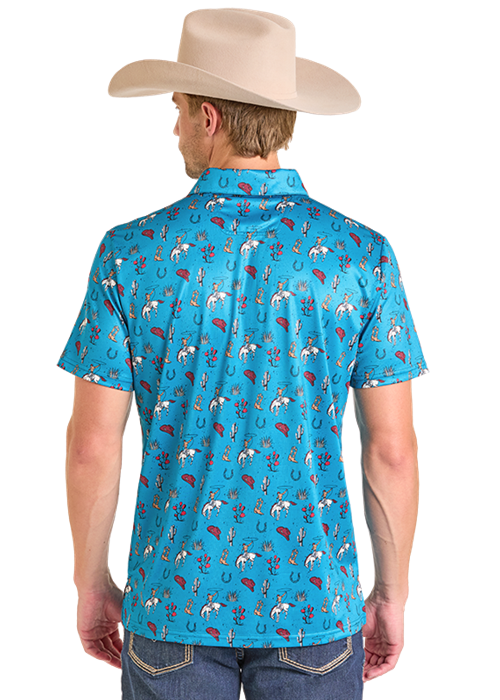 Rock & Roll Conversational Print Polo Peacock Blue