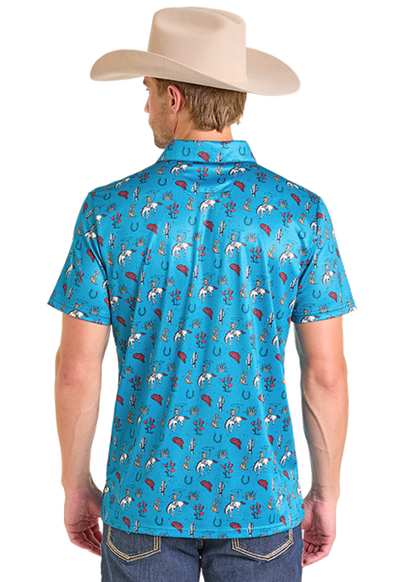 Rock & Roll Conversational Print Polo Peacock Blue