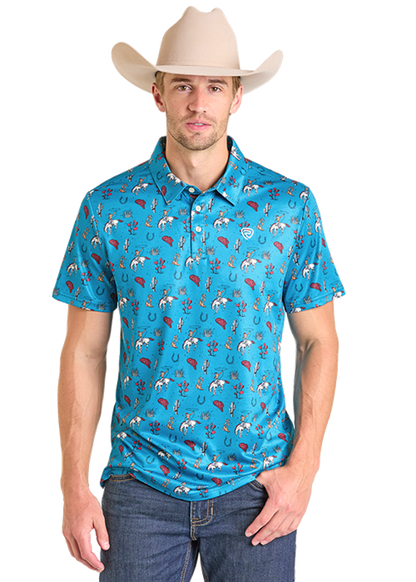 Rock & Roll Conversational Print Polo Peacock Blue