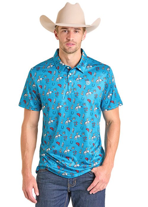 Rock & Roll Conversational Print Polo Peacock Blue