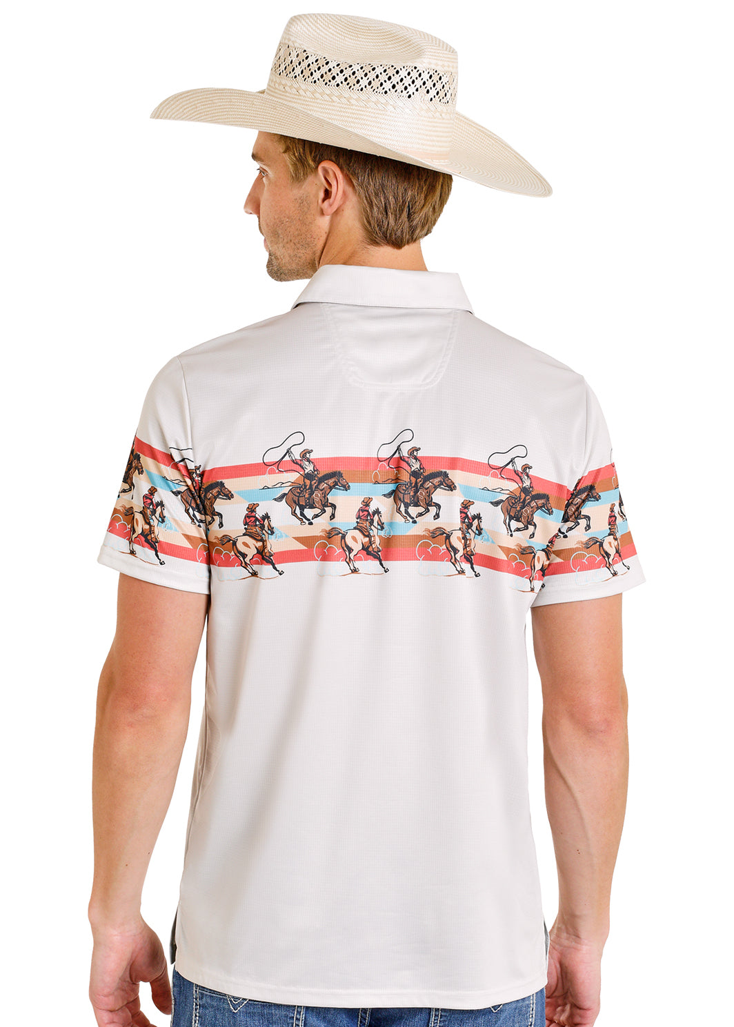 Rock & Roll Dale Brisby Roping Border Print Polo Cream